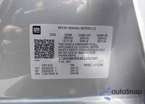 2025 GMC Acadia Fwd Elevation from USA, damaged, VIN 1GKENKRS4SJ152047